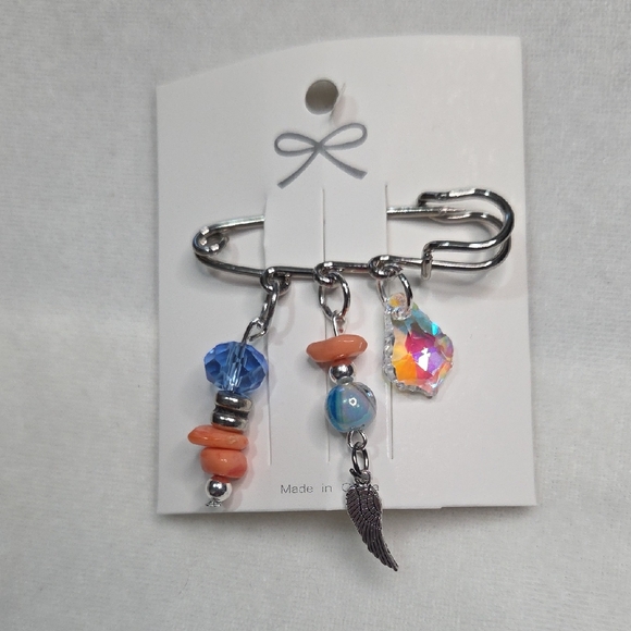 Handmade Jewelry - Hand Crafted Kilt Pin Brooch Elegant Peach Blue Beads Angel Wing Charm Silver